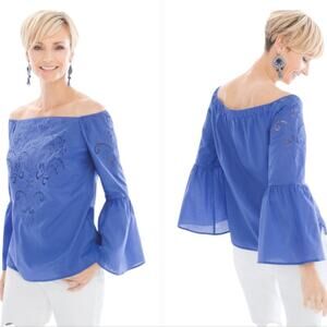 Chico's Off Shoulder Bell Sleeve Cutout Floral‎ Royal Blue Shirt Size 3 XL